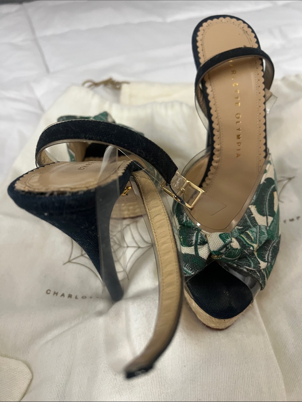Charlotte Olympia Black Suede & Green Floral Bow Platform Heels